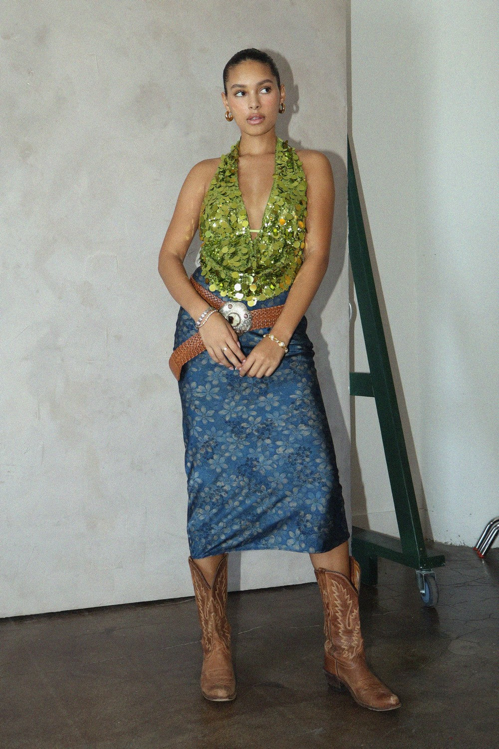 Flowery Satin Long Skirt